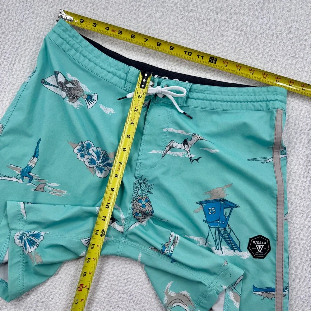Vissla Board Shorts Mens 36 Teal Beach Print Coconut Stretch‎ Trunks M1104HEL